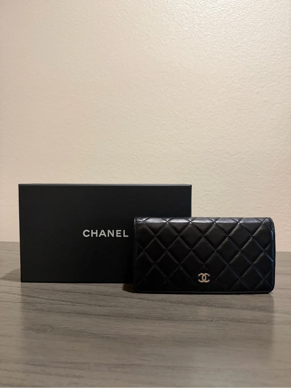 CHANEL Black Quilted Lambskin Long Wallet with Silver CC Logo